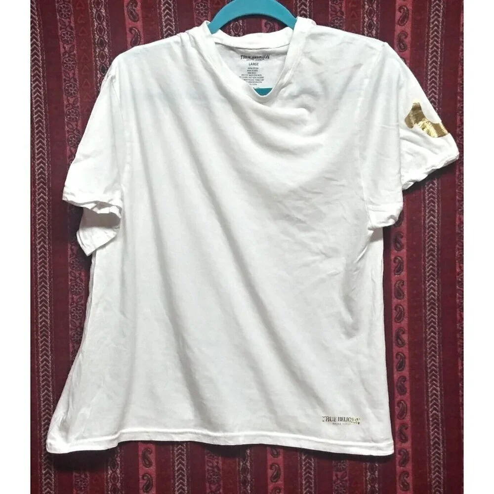 True Religion Brand Jeans T-Shirt Large white & Metallic Gold cotton short slv